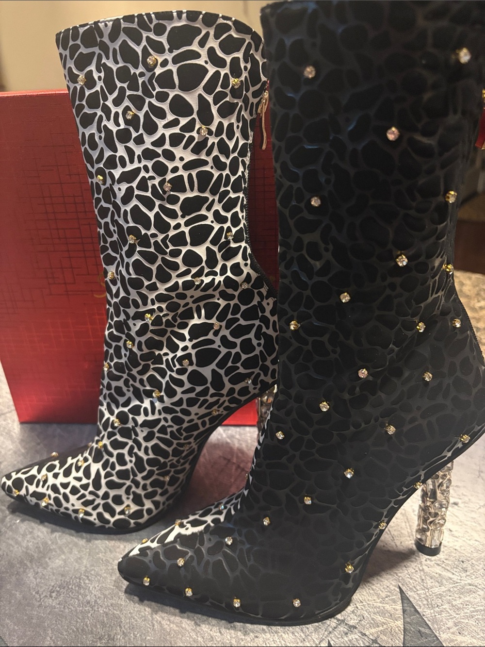 Two-Tone Animal-Print Mid-Calf Heeled Boots with Crystal Studs - Black & White